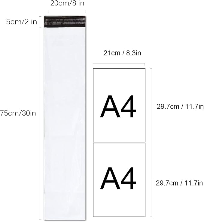 Unique Poly Mailers 8x30 Inch 50 Pack Envelopes Bag for Long Items,White Self Sealing Waterproof Mailing Shipping Bags