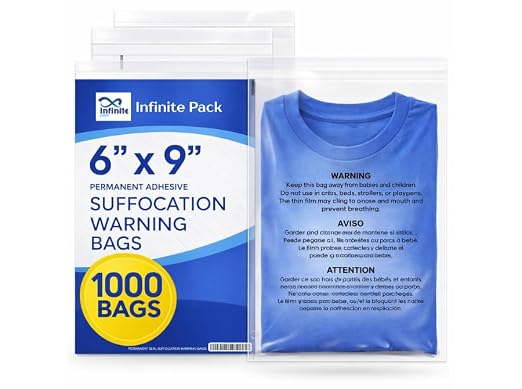 Infinite Pack 6" X 9" 1000 CT Self Seal Clear Poly Bags with Suffocation Warning for Packaging, Shipping Permanent Adhesive