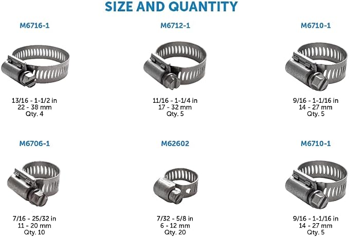 Merrill MFG Hose Clamp Assortment Kit- 49 Pieces Stainless Steel Hose Clamp Adjustable, Worm Gear Metal Fuel Line Clamp for Plumbing, Automotive And Mechanical Applications