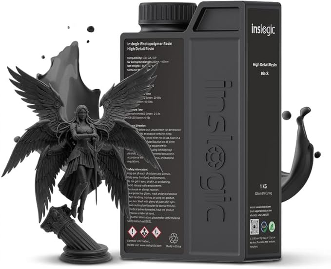 Inslogic 14K High Detail 3D Printer Resin, Smooth Matte Finish with Fine Detail for Miniatures, Low Shrinkage, No Cracking, 405nm UV-Curing Resin for LCD, DLP, SLA 3D Printing (Black, 1kg）