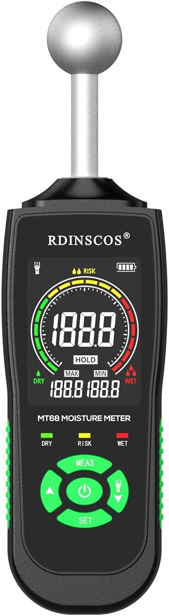 RDINSCOS Ball Probe Moisture Meter Non-Invasive Digital Moisture Detector | 5-40mm Depth Moisture Tester for Wood, Wall, Custom Alarm Threshold, Flashlight LCD Screen for Basement Inspection