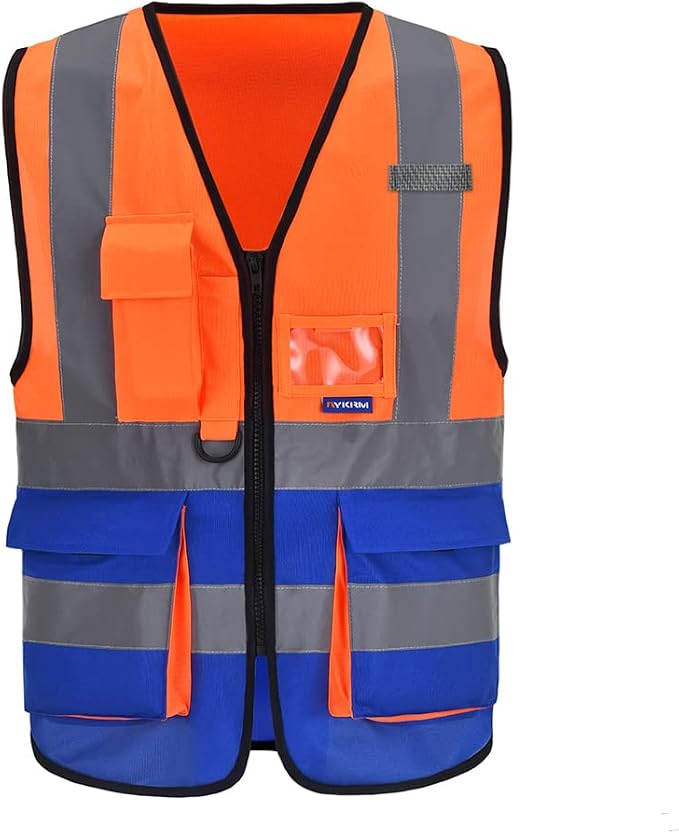 A-SAFETY Hi-Vis Safety Vest, Clear ID Holder, Zipper, Orange/Blue, 4XL-5XL | Orange/Blue 4XL-5XL work vest with clear ID holder, mic tabs and reflective strips for port operations; for men and women.