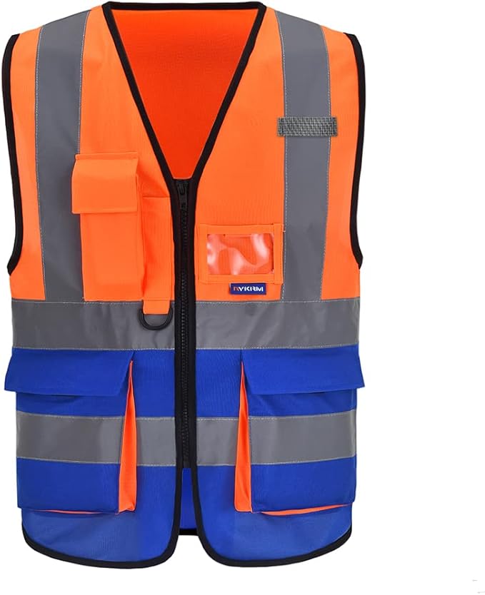 A-SAFETY Hi-Vis Safety Vest, Clear ID Pocket, Zipper, Orange/Blue, 6XL-8XL | Orange/Blue 6XL-8XL work vest with 7 pockets, reinforced zipper pockets and black front zipper for marine ground support.