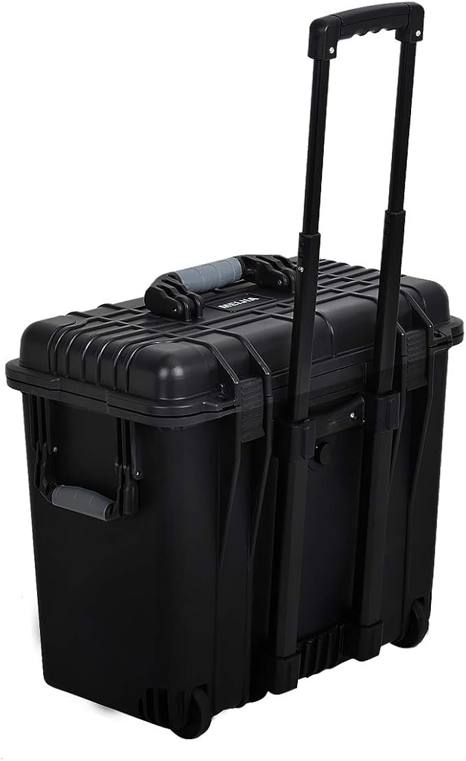 MEIJIA Waterproof Portable Equipment Hard Case With Retractable Pull Handle And Rolling Wheels,Customized Fit Foam Inserted, Elegant Black, Fit For Drones,Rifle,Camera,Lens,19.88X12.01 X18.11 inches