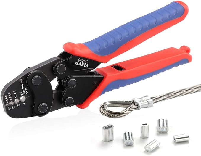 Wire Rope Crimping Tool with Ratchet, Ferrule Swaging Tool for Aluminum Sleeves, Loop Sleeves, Wire Rope Crimper for 1/64''-3/32''(0.1mm-2.2mm) Cables, Heavy-Duty Swaging Tool for Railing,Fishing
