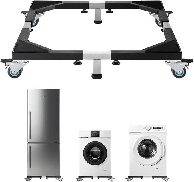 VEVOR All Stainless Steel Washing Machine Dolly Cart, 1200lbs Heavy Duty Furniture Dolly, Adjustable Fridge Stand Base with 4 Lockble Twin Wheels and 2 Strong Feet for Washer, Refrigerator and Dryer