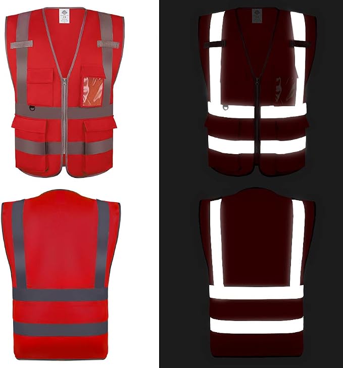 Dazonity High Visibility Safety Vest with Multi Pockets and Zipper, XL,Reflective Strips, Fit for Men & Women, Work, Construction,Cycling, Runnning, Surveyor, Volunteer (Red-XL)