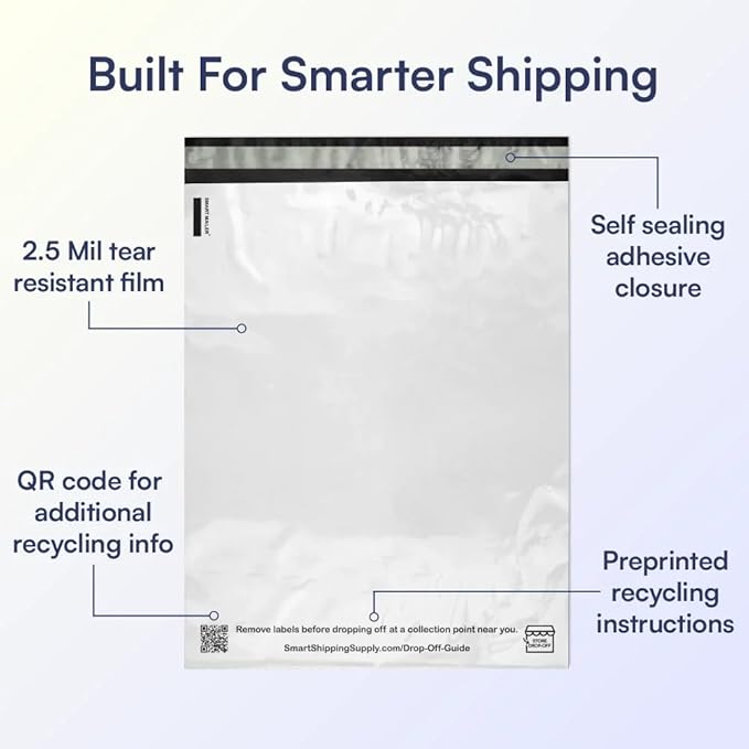 SMART 14.5x19 Recycled Poly Mailers - 1000 Pack of White Eco-Friendly Packaging Mailing Bags | Recyclable & Sustainable, Cute & Stylish Small Business Supplies | 2.5 Mil Thick - 1000 Pack