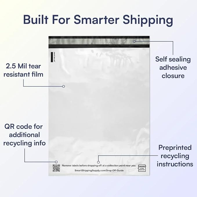 SMART 14.5x19 Recycled Poly Mailers - 300 Pack of White Eco-Friendly Packaging Mailing Bags | Recyclable & Sustainable, Cute & Stylish Small Business Supplies | 2.5 Mil Thick - 300 Pack