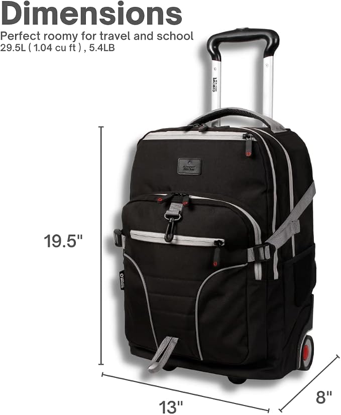 J World Lunar Rolling Backpack. Laptop Bag With Wheels. Wheeled Carry-On Travel Luggage, Black, 19.5 x 13 x 8 Inches