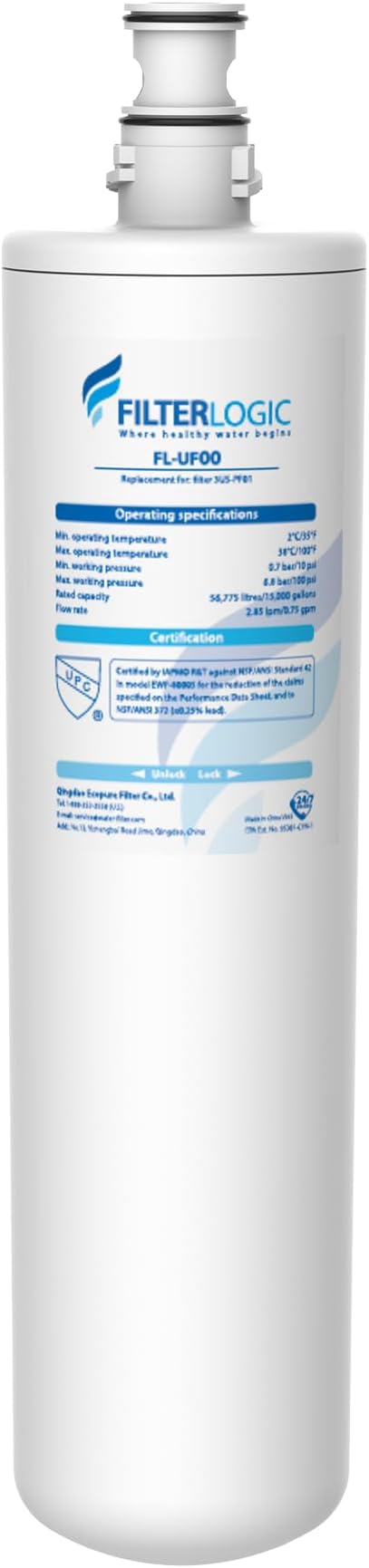 Filterlogic 3US-PF01 Under Sink Water Filter, Replacement for Filtrete® 3US-PF01, 3US-MAX-F01H, 3US-PF01H, Delta RP78702, Manitowoc K-00337, K-00338, HF20, HF25, HF27, HF25-S, HF20-I, NSF/ANSI 42