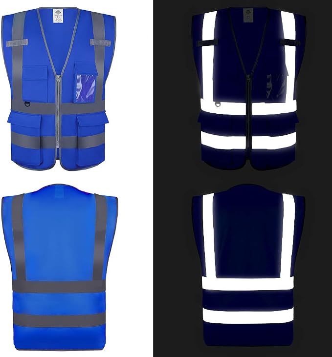Dazonity Safety Vest with Pockets & Zipper, 10 Pcs,Reflective, for Construction(Blue-XL)