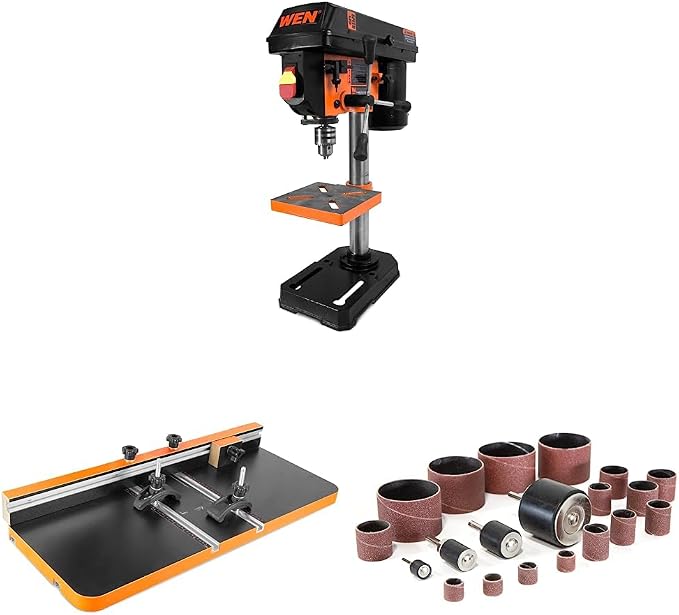 WEN 4208T 2.3-Amp 8-Inch 5-Speed Cast Iron Benchtop Drill Press & 24-by-12-Inch Drill Press Table with an Adjustable Fence and Stop Block & 20-Piece Sanding Drum Kit for Drill Presses and Power Drills