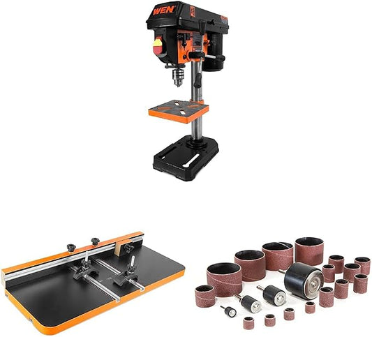 WEN 4208T 2.3-Amp 8-Inch 5-Speed Cast Iron Benchtop Drill Press & 24-by-12-Inch Drill Press Table with an Adjustable Fence and Stop Block & 20-Piece Sanding Drum Kit for Drill Presses and Power Drills