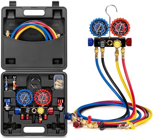 VIVOHOME HVAC Manifold Gauge Set for R134a R410a R22 R32 R454B Refrigerant, 4 Valve Automotive AC Gauges with SPECSTAR 110V 1/4 HP 3.5 CFM Single Stage Rotary Vane HVAC Air Vacuum Pump