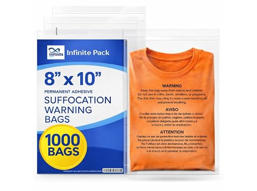 Infinite Pack 8” X 10” 1000 CT Self Seal Clear Poly Bags with Suffocation Warning for Packaging, T Shirts & FBA Permanent Adhesive