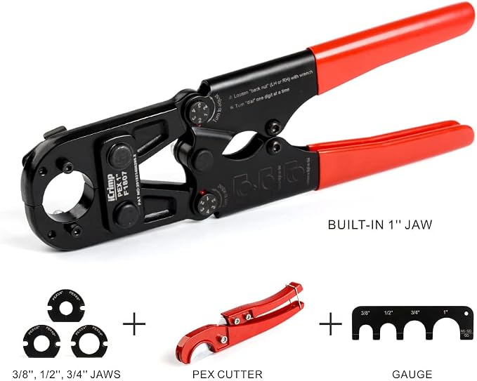 iCrimp PEX Crimping Tool Kit for 3/8 inch, 1/2 inch, 3/4 inch, 1 inch Pex Copper Crimp Rings, c/w PEX Cutter,Go-no-go Gauge, Meets ASTM F1807 Standard