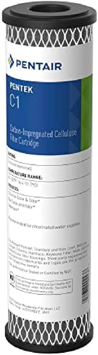 Pentek Pentair Pentek C1 Carbon Water Filter, 10-Inch, Under Sink Dual Purpose Powdered Activated Carbon-Impregnated Cellulose Replacement Cartridge, 10" x 2.5", 5 Micron, Black