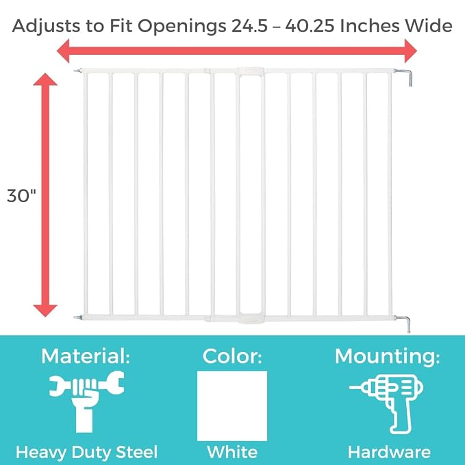 Toddleroo by North States - Essential Stairway & Walkway Baby Gate: Metal Safety Gate for Stairs & Doorways - Adjustable 24.5 to 40.25 Inches Wide - 30 Inches Tall - White