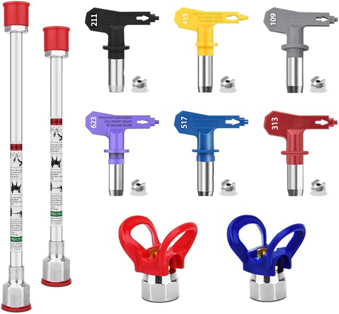 10 Pieces Airless Paint Sprayer Gun Accessory Set Equipped with 2 Extension rods 6 Spray Tips and 2 Nozzle Seats Suitable for Home Renovation .（109, 211, 313, 415, 517, 623）