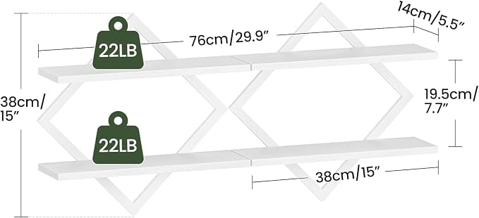 CHOEZON Floating Shelves, Set of 2 Wall Shelves, 2-Tier Hanging Shelves, Wall Shelf Set of 2, for Living Room, Bedroom, Kitchen, Office, Study, White TBJ01P2WB