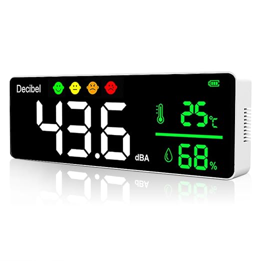 Decibel Meter Wall Hanging Sound Level Meter, 11in Large LED Display +Time + Humidity + Temperature; 4 in 1 Decibel Meter 30-130dB Rang DB Meter & SPL Meter Wide Applications for Home