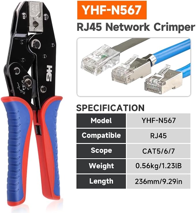 HKS Ratcheting RJ45 Pass Through Crimp Tool with Alloy Steel Jaws for Cat5 Cat6 Cat7（N567）