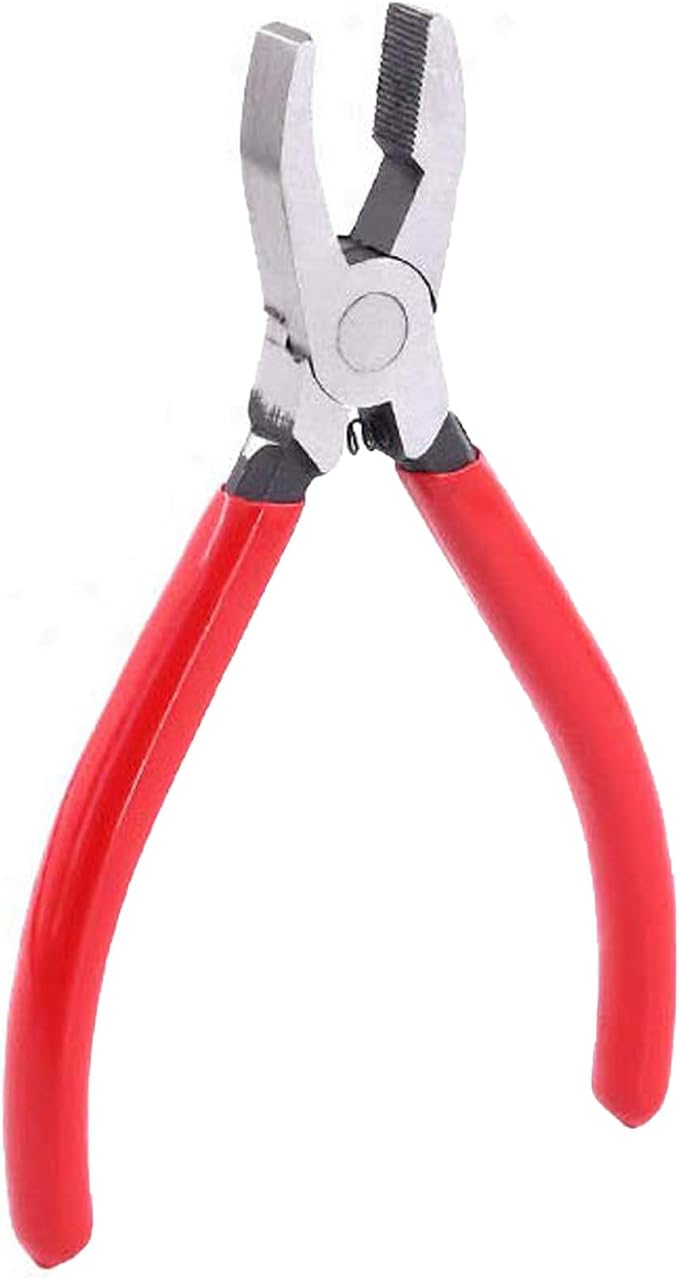 Professional Glass Breaking and Trimming Pliers, 6-Inch Stained Glass Grozer Tool with Red PVC Handle, Serrated Carbide Jaws for Glass, Tiles, Mosaic, Mirrors, Bottles