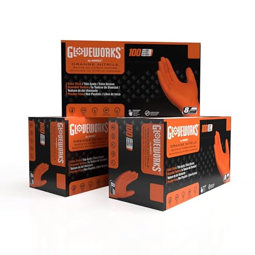 GLOVEWORKS 8 Mil Orange Nitrile Disposable Gloves Heavy Duty Industrial RDT for Mechanic and Automotive, Large 3 Boxes of 100