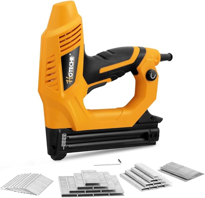 Hoteche 18GA 2-in-1 Electric Brad Nailer/Stapler 19/32-Inch to 1-1/4 Inch Staple Gun Power Adjustable Nail Gun with 2000Pcs Brad Nails& Staples for Home Upholstery and Woodworking