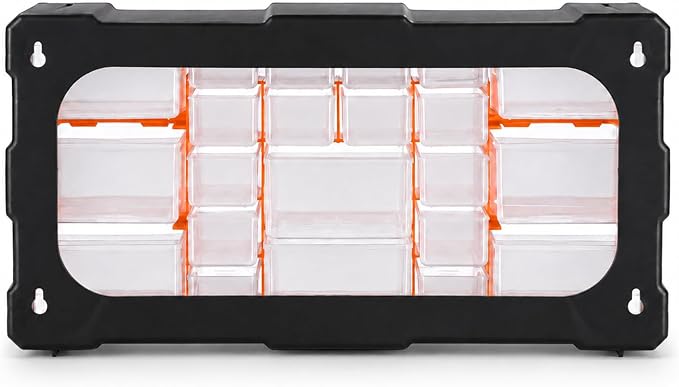 PurKeep 22 Compartment Plastic Tool Storage Box, Orange Hardware Organizer with Clear Drawers, Stackable Wall Mount Cabinet for Screws, Bolts, Craft Supplies, Garage Organization
