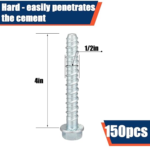 Tandefio 150 Pack 1/2" X 4"Galvanized Concrete Screws Large Diameter Anchors Concrete Screw Anchor Bolts Masonry Screw for Anchoring to Masonry Brick or Block