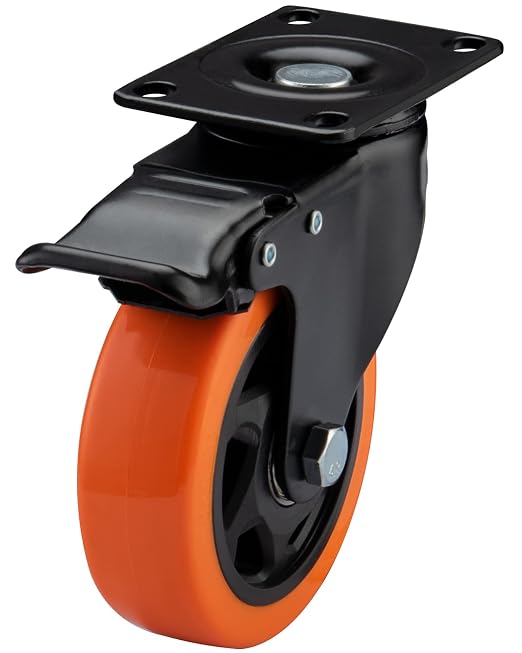 4" Caster Wheels, Casters Set of 8 Heavy Duty - Orange Polyurethane Castors, Top Plate Swivel Wheels, 8 Pack Industrial Casters with Brake, Locking Caster for Furniture and Workbench