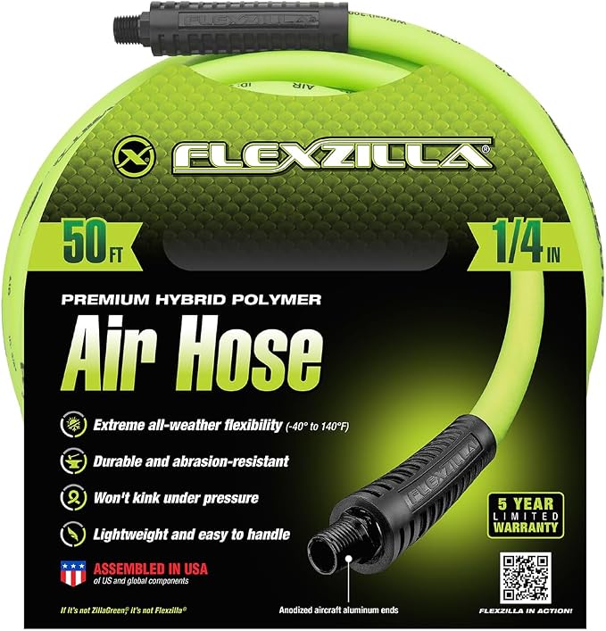 Flexzilla Air Compressor Hose, 1/4 in. x 50 ft., 1/4 in. MNPT Fittings, No-Kink, All Weather, Lightweight, Premium Hybrid Polymer, 300 PSI, ZillaGreen