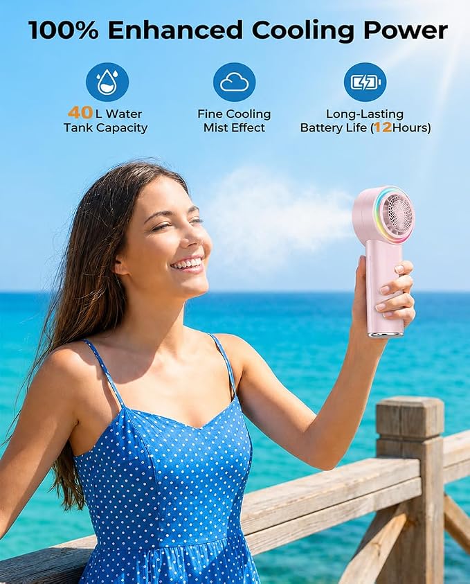 Portable Fan with Mist, AC-Level Ice Cooling Handheld Fan, Personal Fan with 1-199 Speed, 26000 RPM Powerful Turbo Fan, 40ml Water Tank & 5000mAh Battery Mini Fan for Travel, Makeup, Camping, Outdoors