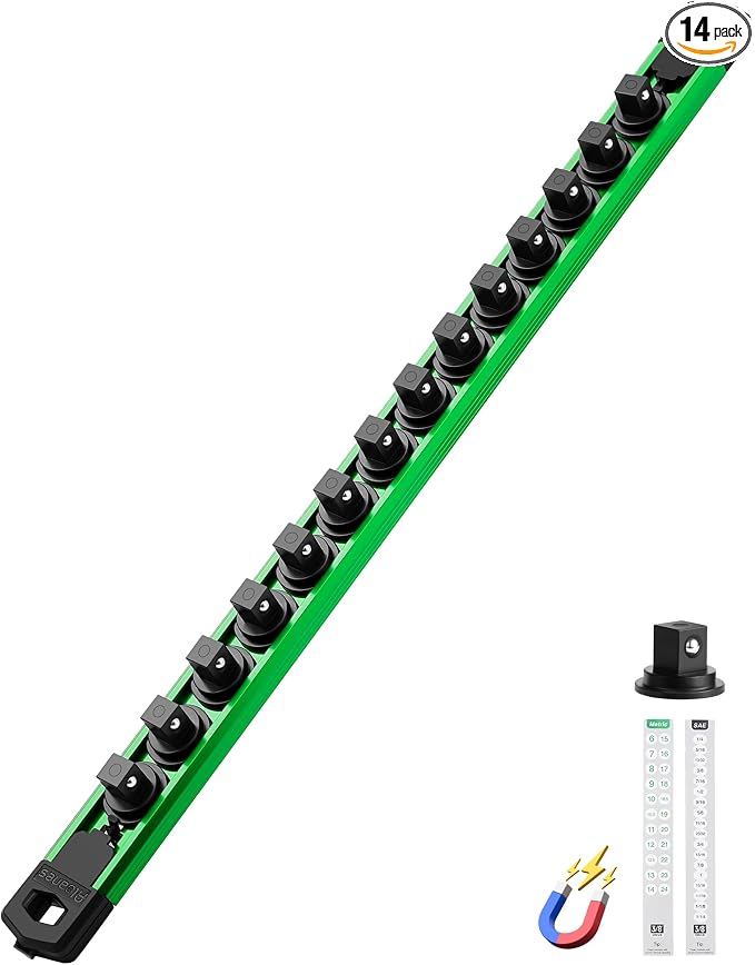 ALOANES Magnetic Socket Organizer Set, 3/8-Inch Drive Heavy Duty Aluminum Socket Rail Organizer, 360° Swivel Clips Socket Holder Kit for Toolbox Drawer Fit 3/8-Inch x 14 Clips (Green, 1PC)