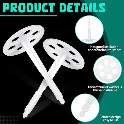 Wonderjune 250 Pcs 4" Plastic Insulation Masonry Fasteners 2.4" Washers Heavy Duty Plastic Concrete Anchors Pins Rigid Foam Board Insulation Fasteners for Concrete, Brick, Masonry Walls