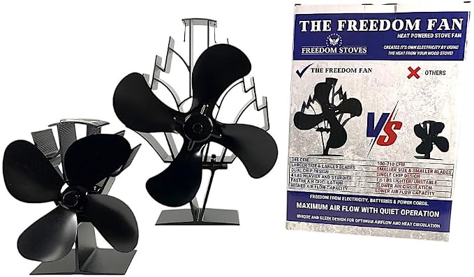 Heat Powered Stove Fan for Wood & Pellet Burners: Compatible with Log Burners, 348 CFM Airflow,13" Large 4-Blade Non-Electric Dual Motor Thermal Blower, Black by Freedom Stoves