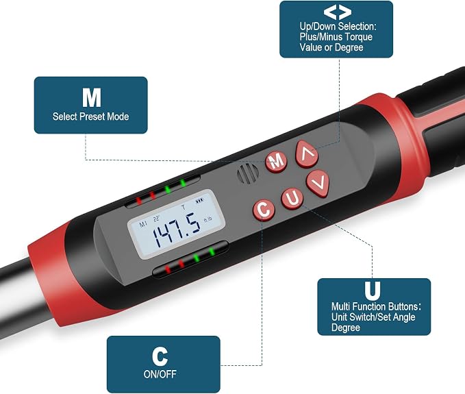 Leolee 1/2-Inch Drive Digital Torque Wrench with Angle, 7.38-147.5 Ft-Lb | 10-200Nm, ±2% Accuracy, Preset Value, Data Storage, Buzzer, LED Flash Notification, for Car Tire, Lug Nuts, Automotive Repair