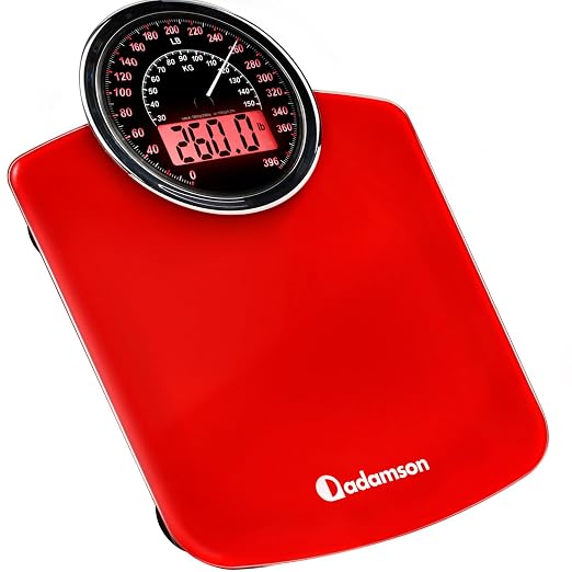 Hybrid Bathroom Scale - Analog & Digital Display, Accurate to 400 lbs | See weight on both an analog dial and digital LCD at once. Wide glass platform, 3 AAA batteries included, ready to use.