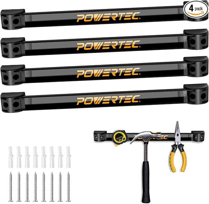 POWERTEC Magnetic Tool Holder Strip 12" 4PK, Metal Magnet Tool Bar Organizers for Garage, Workshop & Kitchen w/Mounting Screws, Space Saving Shop Organization Accessories (71965)