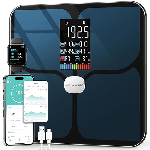 ABLEGRID Rechargeable Digital Bathroom Scale for Body Weight, Smart Scale Tracks 22 Metrics Including Body Fat, BMI, Muscle Mass, Heart Rate, Baby Mode, Large Color Display, 400 lbs