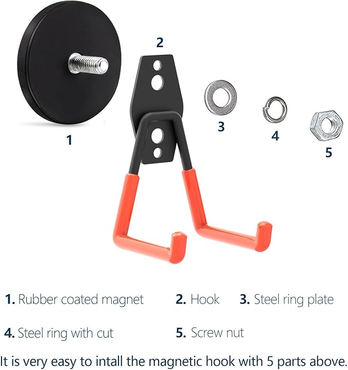 Garage Magnet Hooks, Heavy Duty Magnetic Hooks Tool Hangers for Garage Workshop Magnetic Metal Wall Hook Hangers with Anti-Slip Coating for Ladders, Garden Tools, Bulky Items (4 Pack)