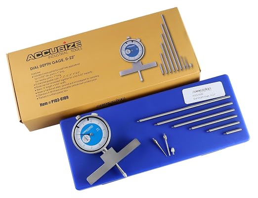 Accusize 0-22 in Dial Depth Gauge with Small-Hole Points, P103-0189 | 6 Connectable Rods, 0.0001 in Resolution, 4 in Base, 0-1 in Travel Indicator