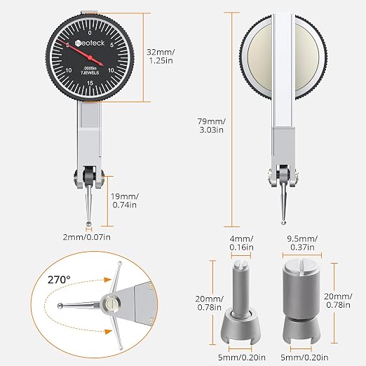 Neoteck 0-0.03"/0.0005" Dial Test Indicator with 132lbs(60kg) Max Pull Magnetic Base Stand Test Indicator Set with 3/8 inch (9.52mm) Clamping Hole for Machine Set-Up and Narrow Area Measurement-Black
