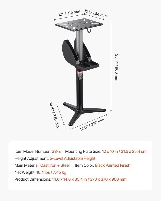 VEVOR Bench Grinder Stand, Bench Grinder Vise Floor Pedestal with 12" x 10" Mounting Plate, 5-Level Height Adjustable Pedestal Stand with Grinding Wheel Storage Compartment & Heavy-Duty Cast Iron Base