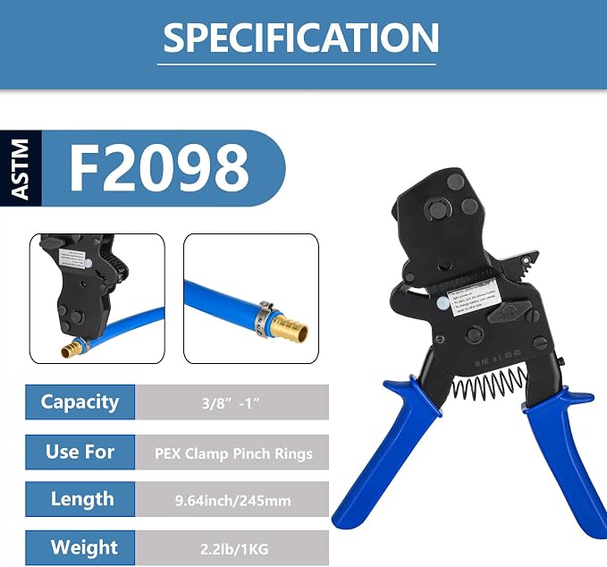 PEX Ratchet Cinch Clamp Tool for Stainless Steel Clamp Rings, One-Hand Ratchet Design Crimper Tool from 3/8", 1/2", 3/4", 5/8" and 1", ASTM2098