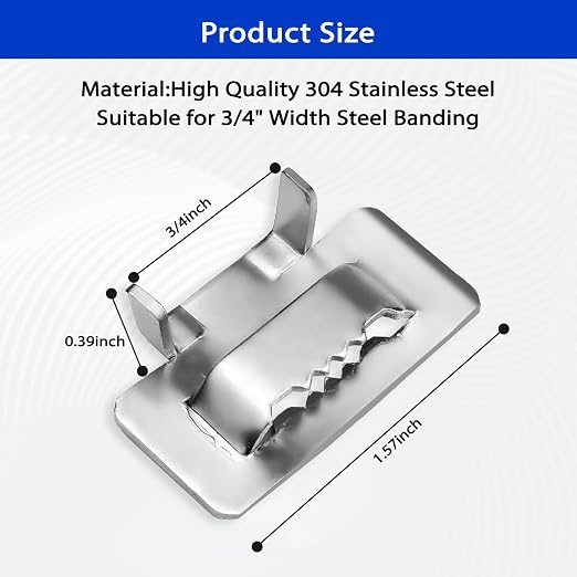 VerRich 100 Pcs Ear-Lokt Buckles,304 Stainless Steel Metal Clamp,3/4" Width Banding Clip For Banding Strapping