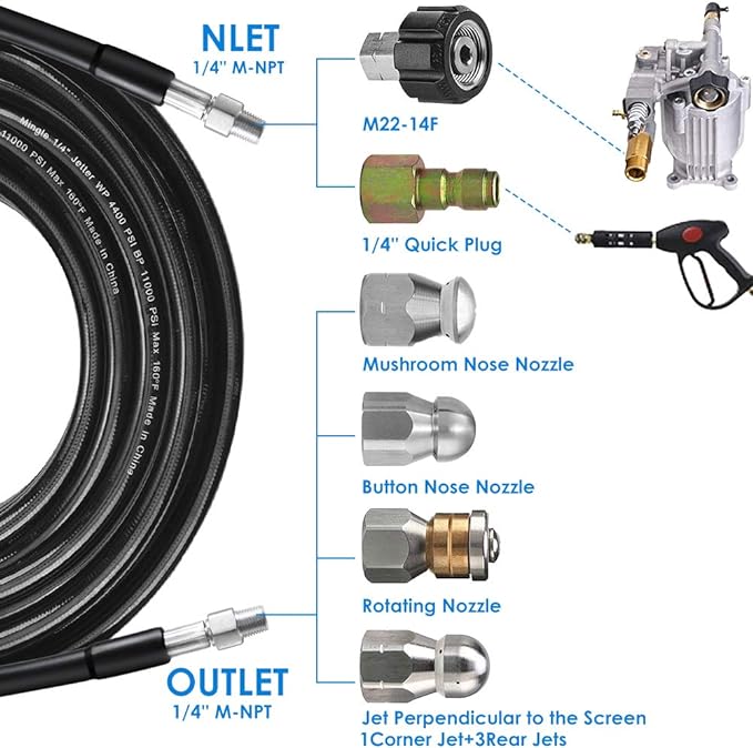Sewer Jetter Kit for Pressure Washer 100FT, 5800PSI Drain Cleaner Hose 1/4 Inch NPT Corner, Rotating and Button Hose Sewer Jetting Nozzle Pearl Corsage Pin Waterproof Tape with 2 Spanner