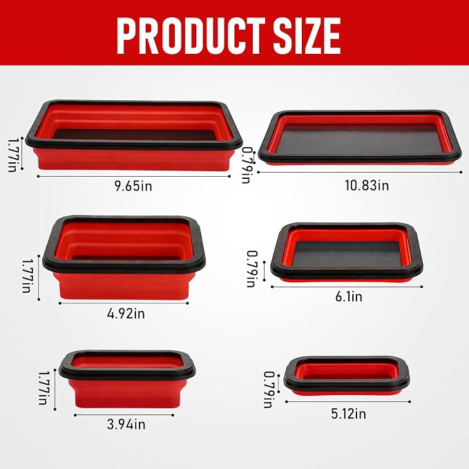 12 Pcs Collapsible Magnetic Parts Tray Set Foldable Tool Storage Organizer Magnetic Tray 3 Different Size Collapsible Bowl for Screw, Bolts, Nuts, Washers, Pins, Tool Gift for Men (Red, Black)